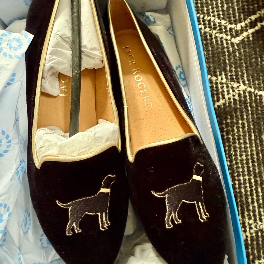Jack Rogers Black Flats with Embroidered Dog Motif